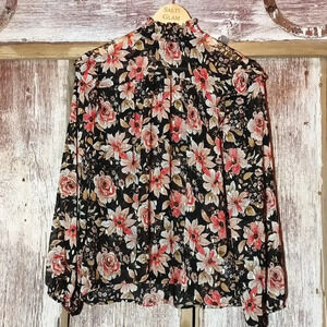 Floral sheer boho gathered mock neck flowy ruffle shimmer wide sleeve M